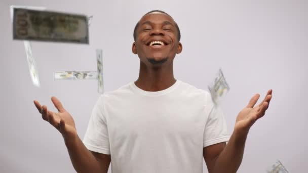 African American Man Stands Smiling Laughing White Studio Young Actor — 图库视频影像