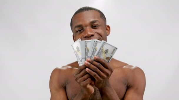 Portrait Young Happy Excited Afroamerican Man Showing Money Currency Dollars — Wideo stockowe