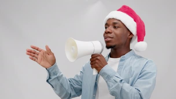 Smiling Confident African American Man Christmas Hat Blue Denim Shirt — Wideo stockowe