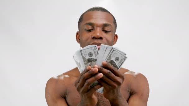 Portrait Happy Excited African American Man Showing Money Currency Dollars — Stock Video