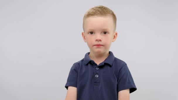 Portrait Smiling Little Boy Basketball Ball His Hands White Background — Vídeos de Stock