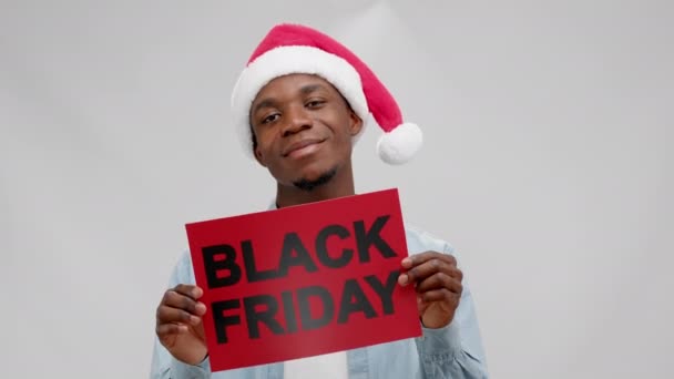 Happy Chilling Smiling Dancing African American Man Christmas Hat Holding — Stock Video