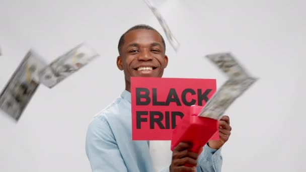 African American Man Shooting Dollars Plastic Gun Dancing Smiling White — Stock video