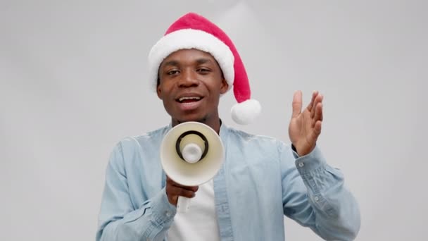 Laughing African American Man Red Christmas Hat Blue Denim Shirt — Video
