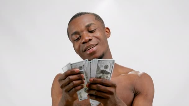 Portrait Happy African American Man Showing Money Currency Dollars Banknotes — Video