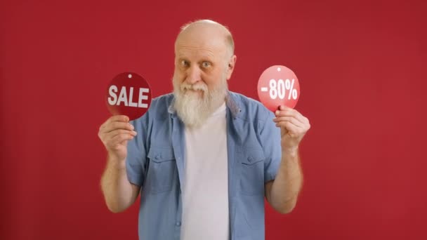 Sale Cheerful Old Man Dancing Joyful Black Friday Sale Holding — Stock video