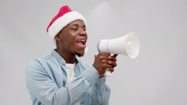 Laughing Confident African American Man Christmas Hat Blue Denim Shirt — Wideo stockowe