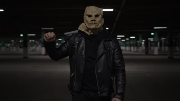 Scary Killer Person Mask His Face Dark Clothes Walking Underground — Stock Video