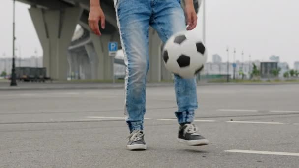 Footballer Exercising Training Outdoors Juggling Ball Wearing Casual Style Sports — Stock Video