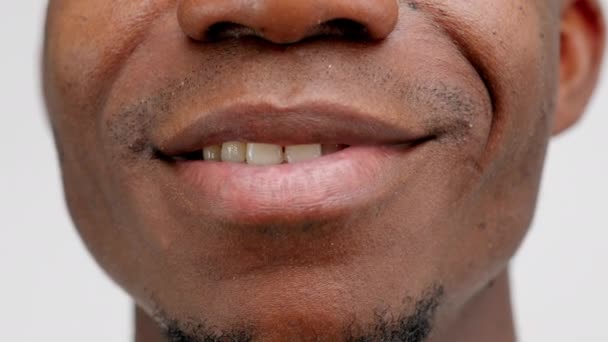 Macro Shot African American Man Smiling Front Camera Showing White — Stock videók