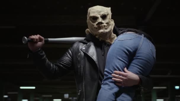 Homicidal Maniac Halloween Doomsday Male Killer Scary Scarecrow Mask Baseball — 图库视频影像