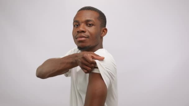 African American Man Showing Patch Plaster Shoulder Vaccination White Background — Vídeo de stock