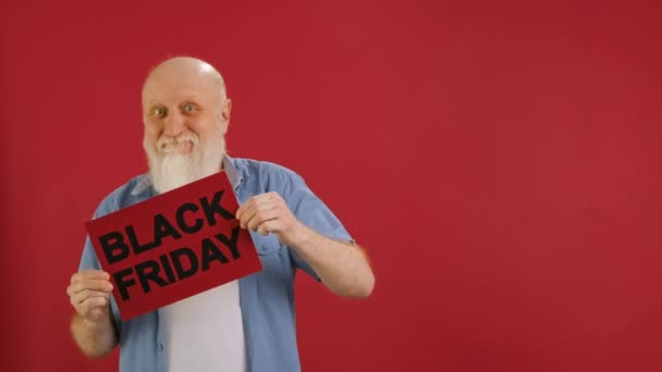 Elderly Man Beard White Shirt Blue Shirt Raises Banner Inscription — Stockvideo