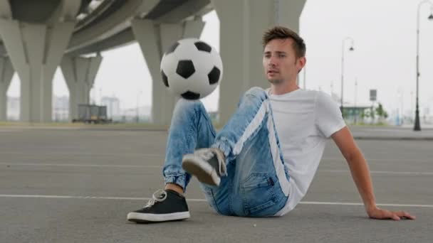 Young Man Soccer Player Practicing Kicks Ball Honing His Technical — Stockvideo