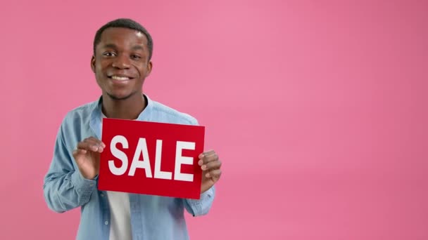 Portrait Happy African American Denim Shirt Raises Banner Inscription Sale — Stock Video