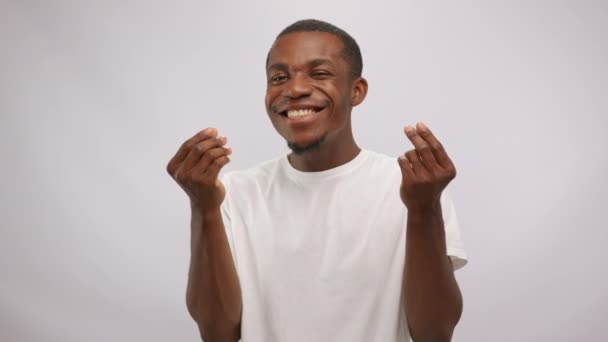 Joyful Positive African American Man Making Gesture Give Money Throw — Stok video