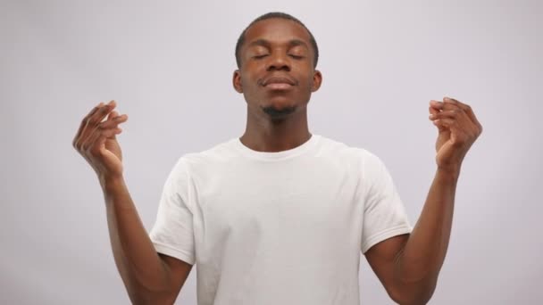 Calmness African American Man Posing Showing Meditation Gesture Hands Rising — Video