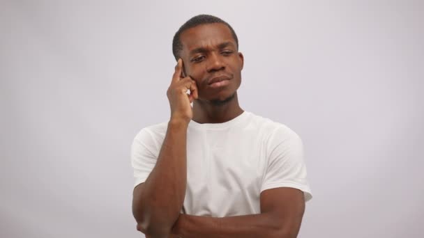 Thinkful African American Man White Shirt Suddenly Has Idea Says — стоковое видео