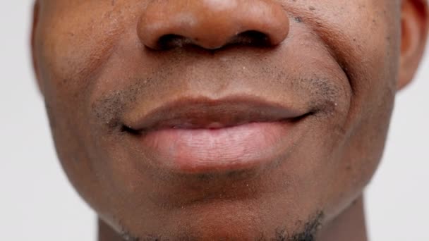 Macro Shot African American Man Smiling Front Camera Showing White — Vídeo de stock