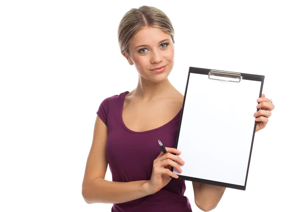 Beautiful woman showing blank white paper — Stock Photo, Image