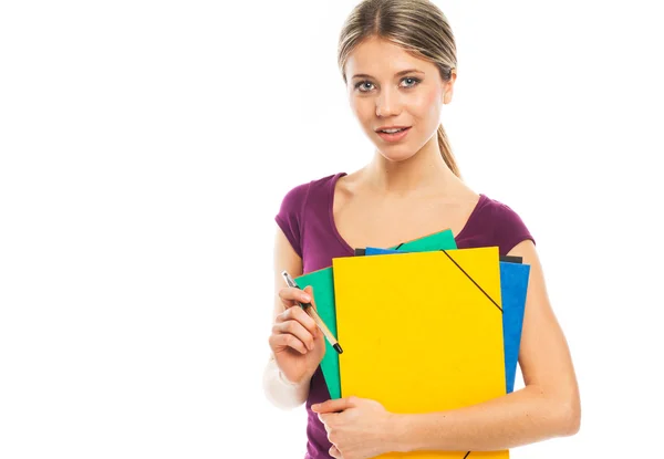 Beautiful woman showing blank white paper — Stock Photo, Image