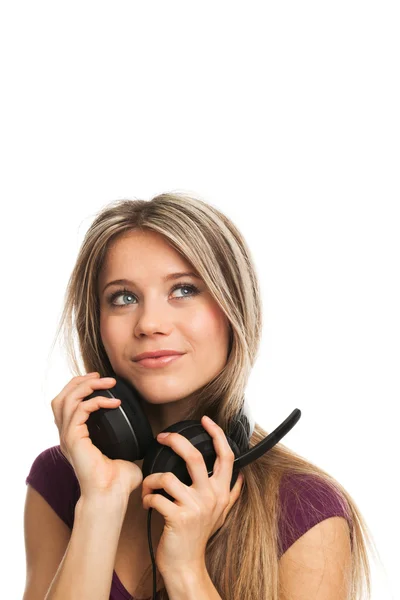 Leuk meisje met koptelefoon — Stockfoto