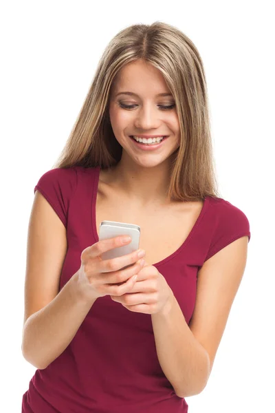 Aranyos mosolygó fiatal nő, telefon Stock Fotó