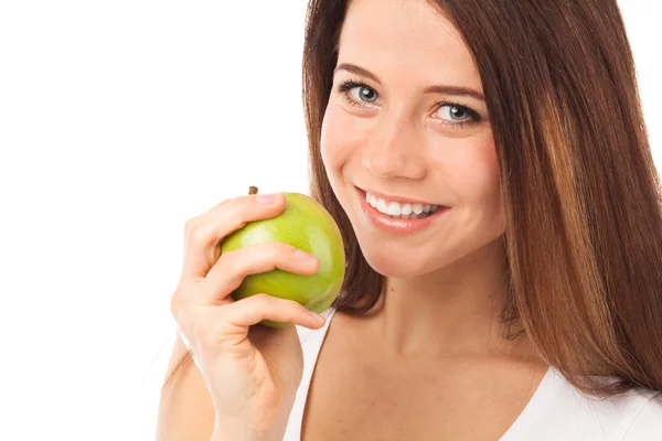 Ładny uśmiech i zielone jabłko — Zdjęcie stockowe
