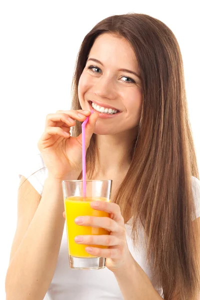 Mulher bonito beber suco de laranja — Fotografia de Stock