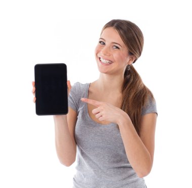 gülümseyen kadın gösteren tablet pc