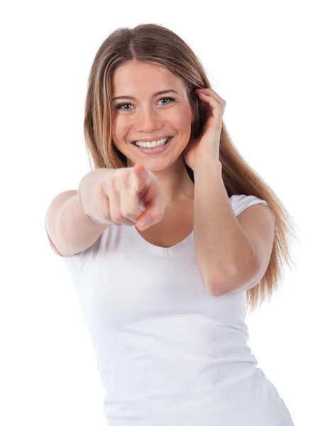 Cheerful woman pointing to the front — Stock Photo, Image