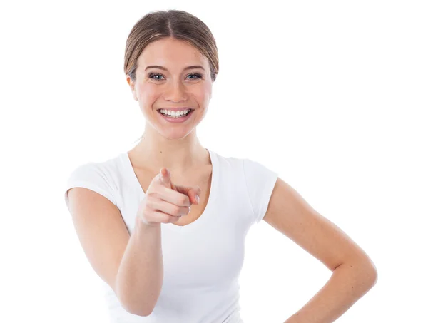 Happy woman pointing in the front — Stock Photo, Image