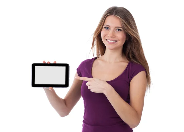 Smiling young woman presenting an electronic tablet — Stock Photo, Image