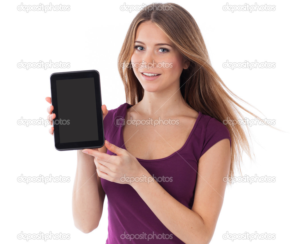 Beautiful woman showing a touchpad