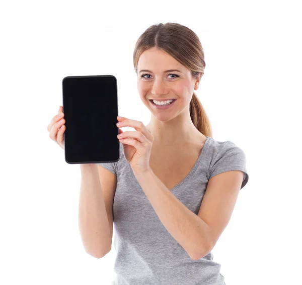 Mujer mostrando tableta pc — Foto de Stock