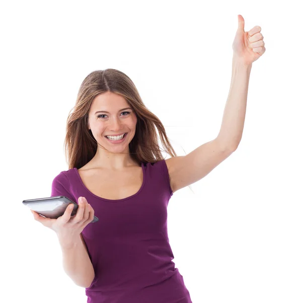 Very happy woman holding a touchpad — Stock Photo, Image