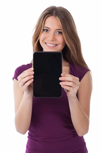 Χαριτωμένο νεαρή γυναίκα που δείχνει μια ηλεκτρονική ταμπλέτα — Φωτογραφία Αρχείου