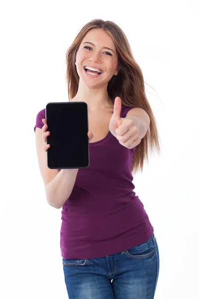 Pozytywne, kobieta i touchpad — Zdjęcie stockowe
