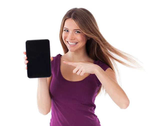 Mulher alegre mostrando um touchpad Fotos De Bancos De Imagens