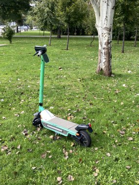 Şehirde halka açık kullanım için elektrikli scooter 'lar kiralanacak birçok elektrikli scooter çok kalabalık. Açık havada sonbahar. Açık havada.