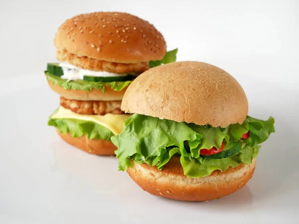 Two Burgers Meat Vegan Burger White Background Closeup — Stock Photo, Image