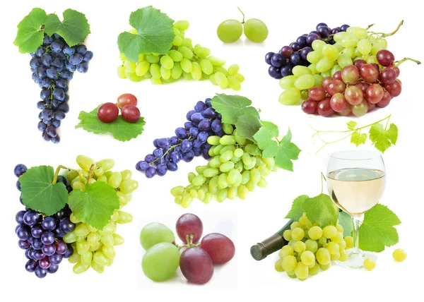 Olika Sorter Välsmakande Druvor Gren Och Vin Glas Set Isolerad — Stockfoto