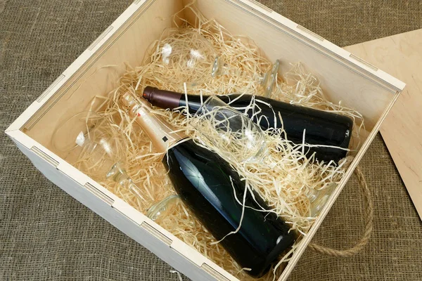 Bouteille Vin Élite Cher Champagne Dans Une Boîte Bois Avec — Photo