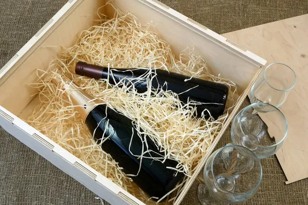 Bouteille Vin Élite Cher Champagne Dans Une Boîte Bois Avec — Photo