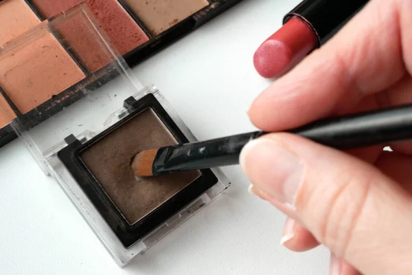 Uppsättning Kosmetiska Makeup Produkter Nagellack Mascara Läppstift Ögonskuggor Borste Puder — Stockfoto