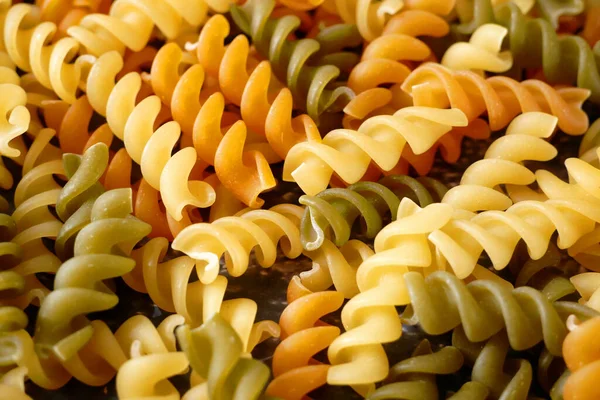 Raw Pasta Set Background Different Spirals Eggs Spinach Romato Closeup — Stock Photo, Image