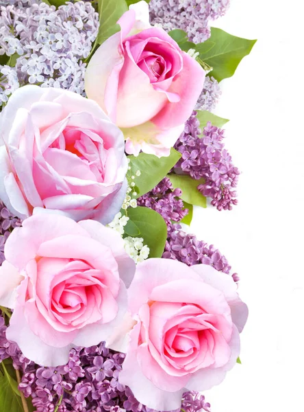 Beautiful Lilac Flowers Bunch Pink Roses Isolated White Background Flowers — Fotografia de Stock