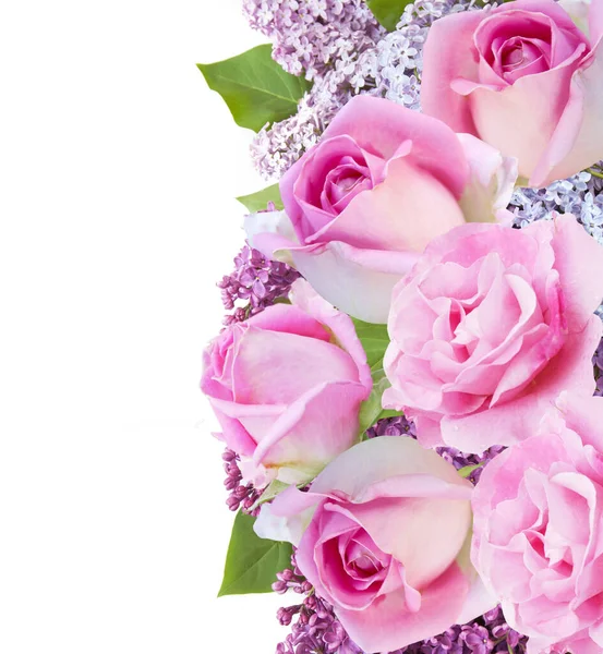 Beautiful Lilac Flowers Bunch Pink Roses Isolated White Background Flowers — Stock Photo, Image