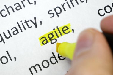 Beyaz kağıda basılan kelimelerin yanında kelime çevikliği de açığa çıkar. Proje metodolojisi ve geliştirme ekibi iş akışı kavramı. Yakın çekim.