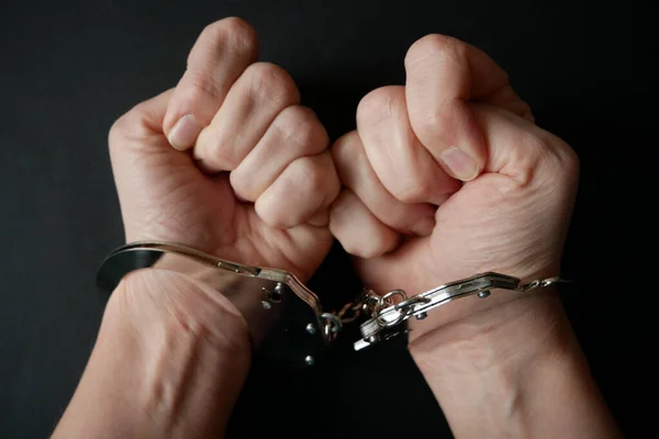 Hands Clenched Fists Handcuffs Form Chains Black Background Problem Slavery — Stock Photo, Image